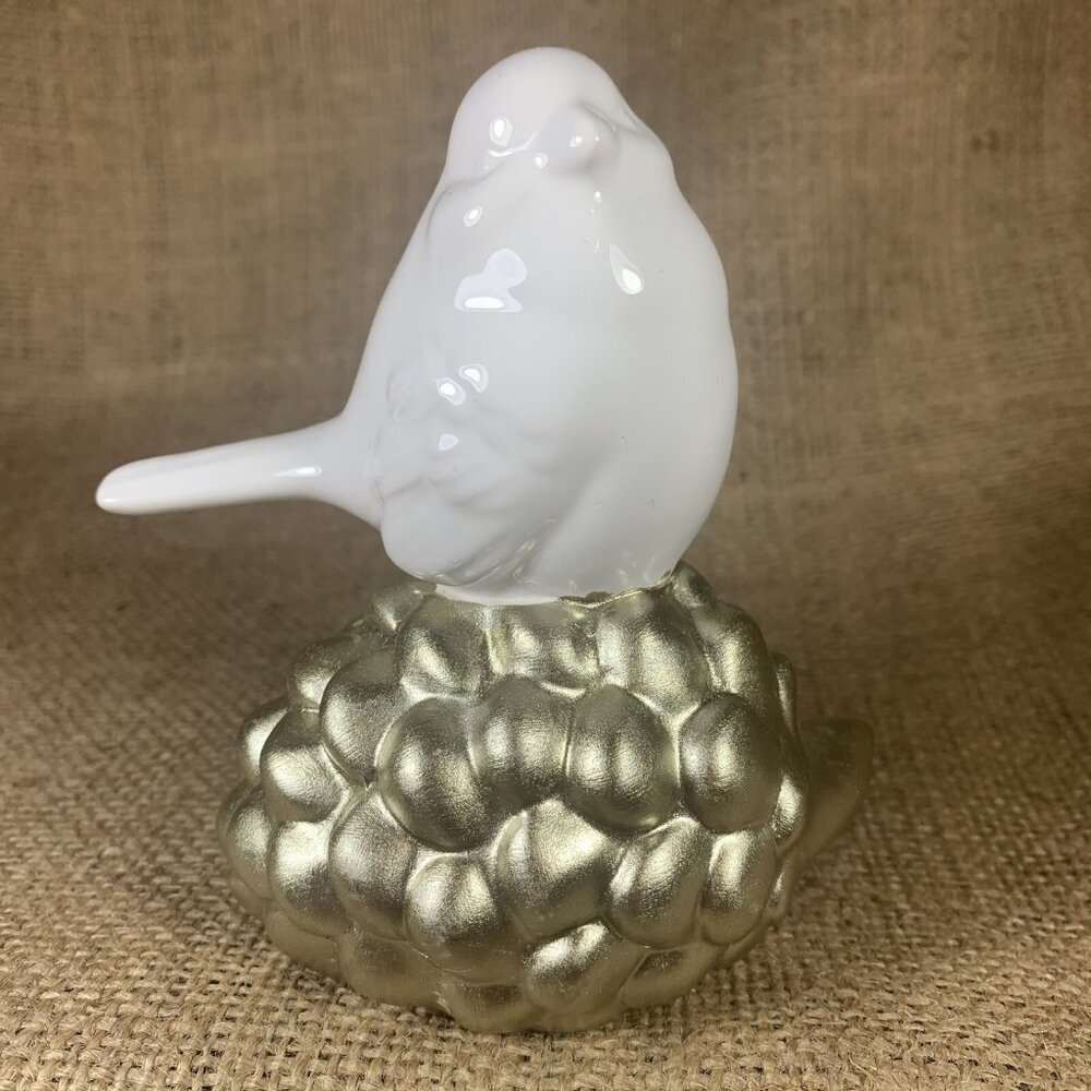 Percher 4.5" Porcelain Bird on Pinecone Abbott China Painted Gold Pinecone